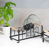 Kit Organizador para Tampas de Panela Aço Preto e Porta Talheres e Utensílios Bambu Yoi